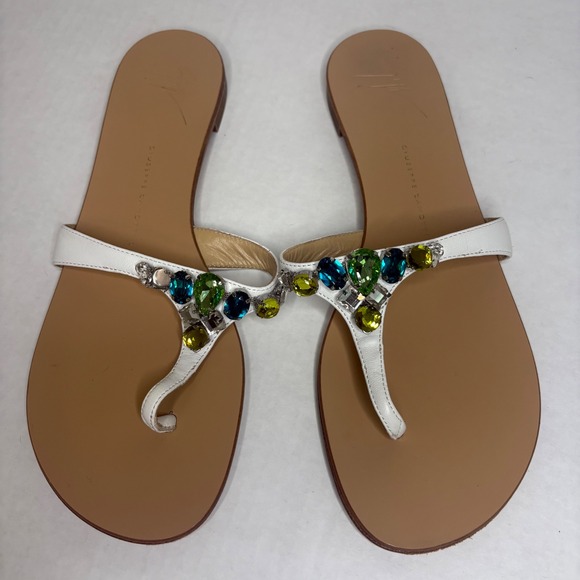 Giuseppe Zanotti‎ White Leather Gemstone Sandals Size 39 Italy Missing Gem - Picture 1 of 11
